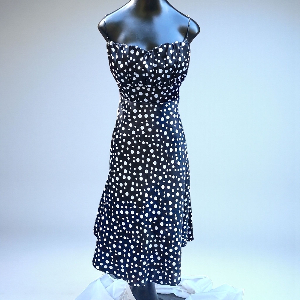Vtg Black White Polka Dot Midi Party Dress Spaghetti Straps Made In USA 1X Prom